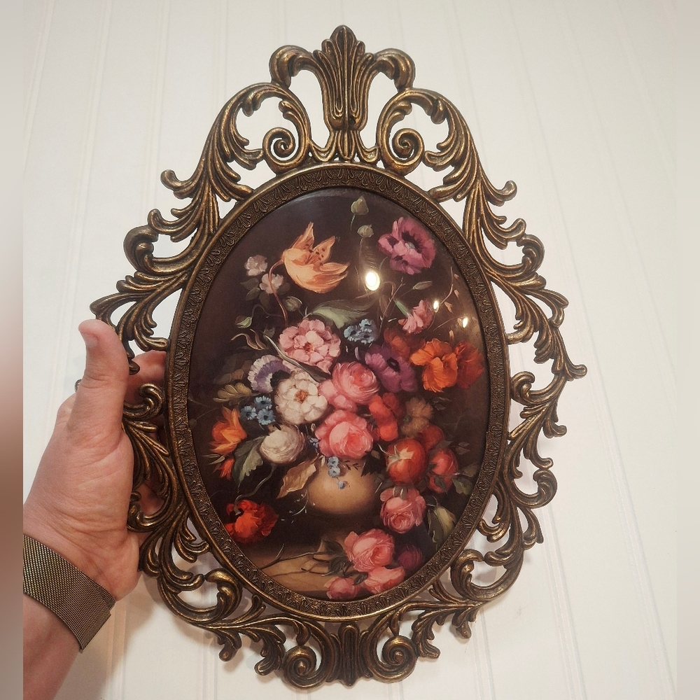 Vintage Ornate Brass Framed Floral Wall Art - Picture 1 of 2